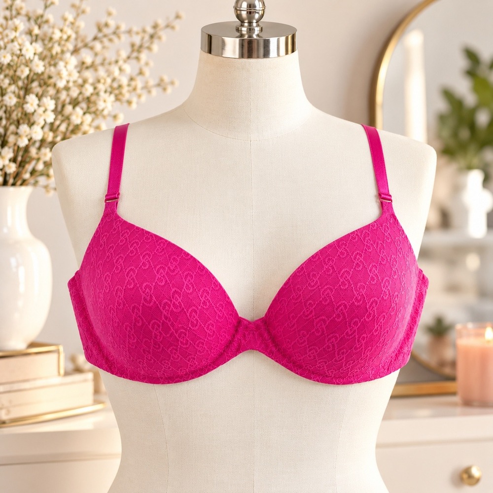 Victoria's Secret The Icon Push-Up Demi Bra 34D Fuchsia Frenzy Logo Lace NWT